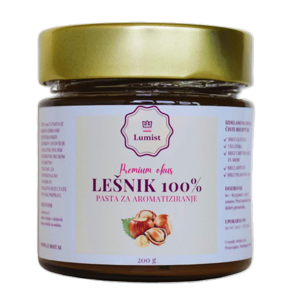 100 % naravna lešnikova pasta Lumist, nesladkana in veganska, primerna za slaščičarstvo